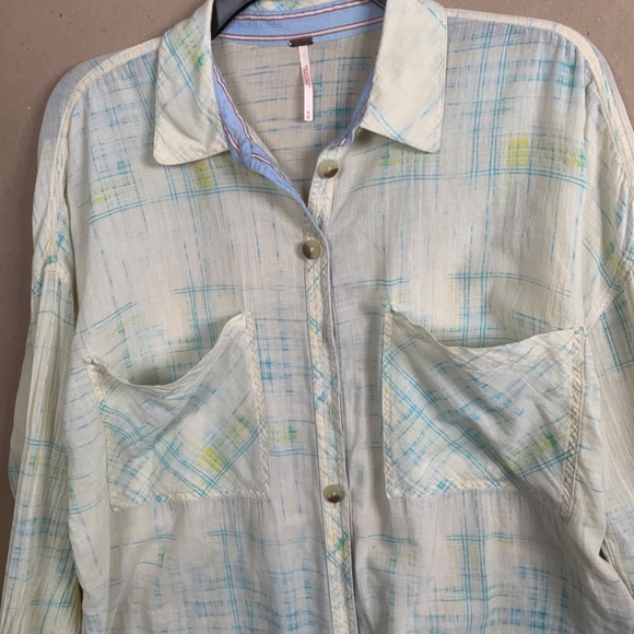 Free People Shore Vibes Lemon Yellow and Blue Plaid Sheer Beachy Shirt M - Picture 4 of 11